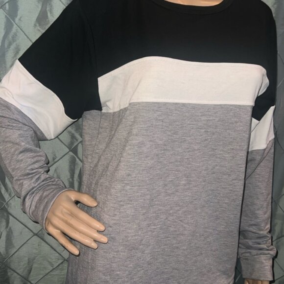 Womens Small Black White Gray Stripe Casual Loose Long Sleeve Pullover (GS3) - Picture 3 of 6